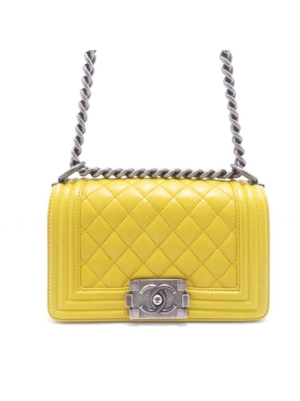 Chanel Boy 20 Quilted Chain Shoulder Yellow Silver Lambskin Bag